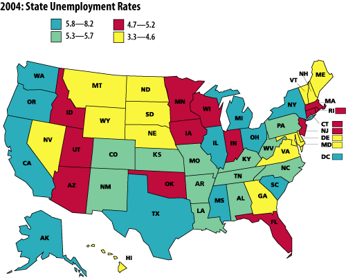 Map of % 2004 state employment